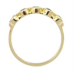 9ct gold round sapphire, beryl and white zircon three row ring, hallmarked 