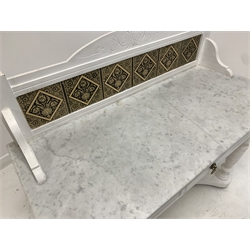 Victorian painted pine washstand, raised back with decorative tiles over marble top with canted corners, frieze fitted with one drawer, raised on turned front supports 