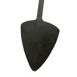 Wrought metal hay spade with wooden handle