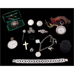 Victorian and later jewellery including gold cross pendant and ring, both 9ct, silver charm bracelet, bracelet and stone set shamrock brooch, all stamped, silver  keyless 'Royal' by American Watch Co, Waltham lever ladies pocket watch and a silver cylinder pocket watch and other jewellery