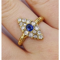 18ct gold diamond and sapphire marquise shaped ring, hallmarked
