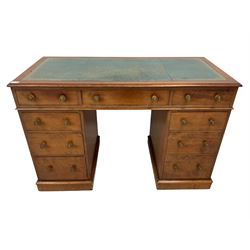 19th century mahogany twin pedestal desk, rectangular top with leather inset leather top, fitted with nine graduating drawers 