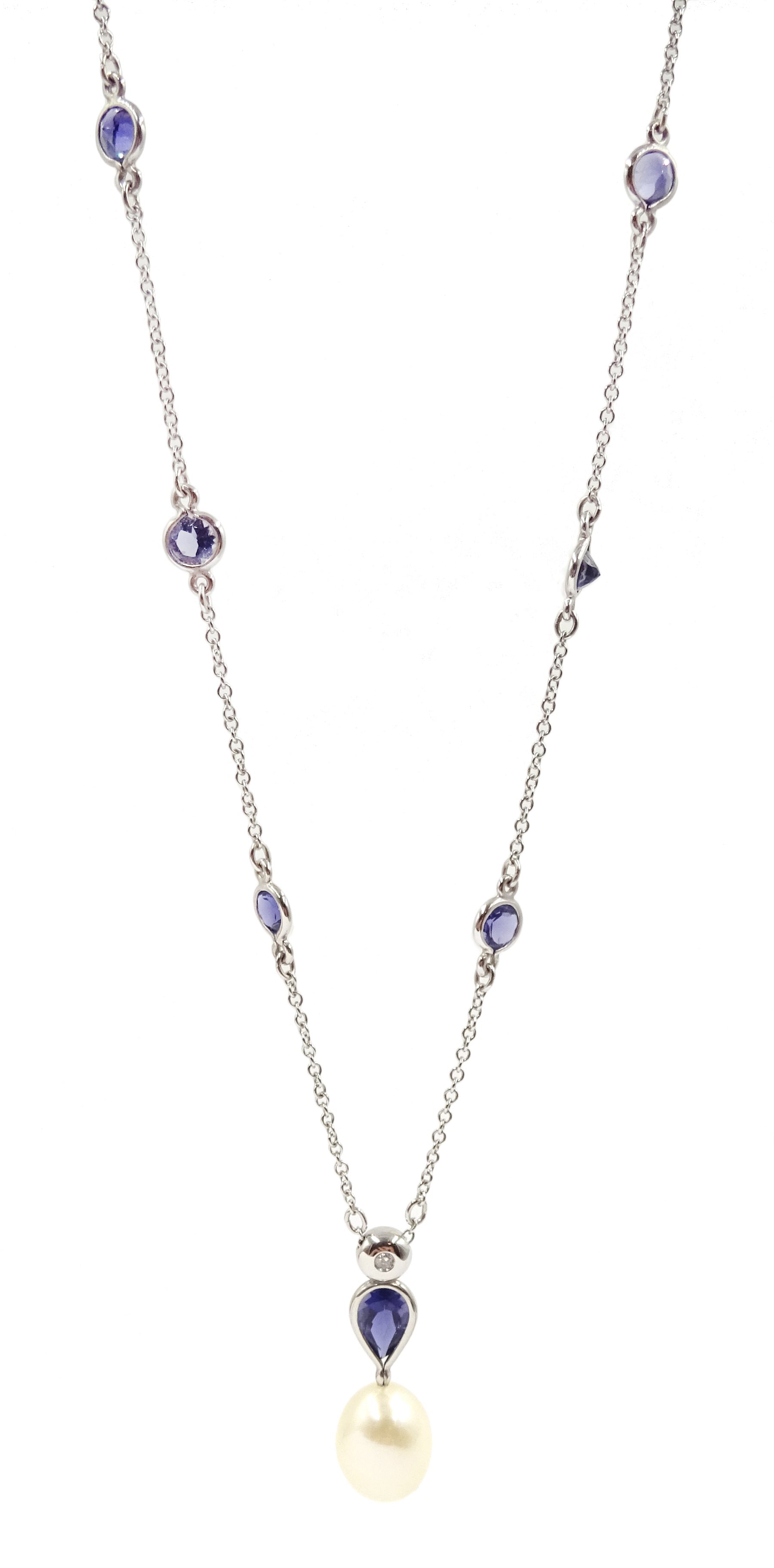 DS 18ct white gold iolite, pearl and diamond pendant necklace ...