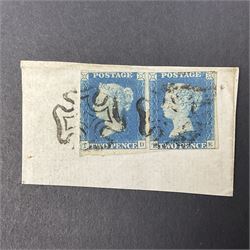 Pair of Queen Victoria 1840 two penny blue stamps, each with black MX cancel on piece