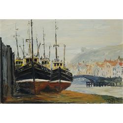 Jack Rigg (British 1927-): Boats before the Swing Bridge at Whitby, oil on board signed, further signed and dated 1968 verso 38cm x 56cm (unframed)