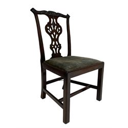 George III mahogany chair, shaped and shell carved cresting rail over moulded supports and pierced splat carved with scrolls, upholstered drop in seat, square moulded supports joined by H-shaped stretchers