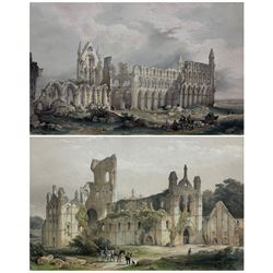 George Hawkins (British 1819-1852) after William Richardson (British fl.1842-1877): 'Kirkstall Abbey from the North West' and 'Whitby Abbey from the South West', pair engravings with hand colouring 30cm x 47cm (2)