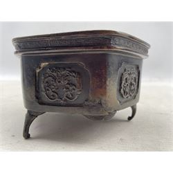 Chinese Ming dynasty bronze incense burner of hexagonal design with key pattern border and with panels of entwined creatures on shaped supports W13cm