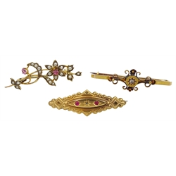 Edwardian 15ct gold diamond set brooch and gold pearl and stone set flower brooch and one other stone set brooch, both stamped 9ct 