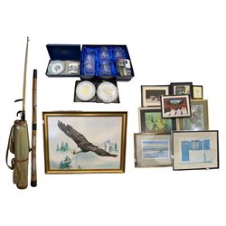 Vintage canvas golf caddy, didgeridoo, umbrella, horn handled walking stick with silver collar, set of six Royal Scot London pattern lead crystal tumblers, Royal Worcester porcelain set, two Oakley Fine China pin dishes, Lora Rose Knott (American 20th century): Soaring Eagle, watercolour signed, labelled verso together with 6 prints max 55cm x 75cm 