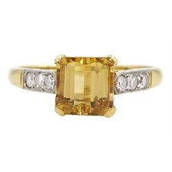 Gold single stone yellow topaz ring, with diamond set shoulders, stamped 18ct Plat, topaz approx 1.30 carat