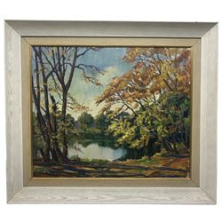 Byron Winston Warmby (Sheffield 1902-1978): 'Autumn in Renishaw Park', oil on board signed, titled and dated 1961 on artist's label verso 49cm x 59cm