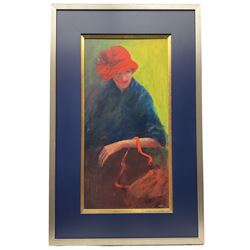 Carmel Bunter (Australian 20th century): 'Lady in Red Hat', acrylic and oil on board signed verso 59cm x 29cm