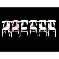 Set of six painted farmhouse dining chairs, with shaped cresting rail and seat over turned supports united by stretcher W38cm