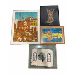 Collection pictures including 'A guide to the city of Norwich', three watercolours, an abstract gouache, Two watercolours on linen, thai shadow painting and papyrus painting etc. (14)
