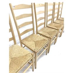 Set of six 20th century stripped beech dining chairs, with string seats, raised on turned supports with stretchers W45cm