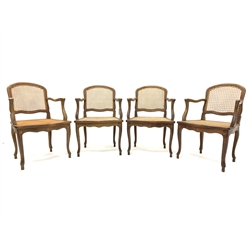 Set four French style bergère open armchairs, beech framed with cane work seats and backs, cabriole supports, W57cm