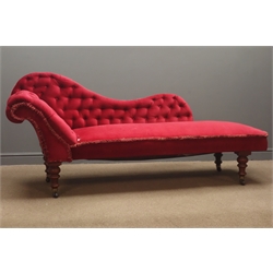  Victorian beech framed chaise longue, serpentine buttoned back in red fabric, turned supports, on castors, L200cm  