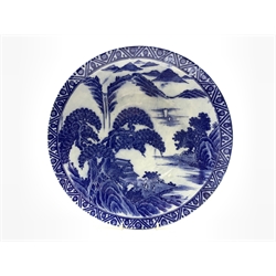 20th Century Japanese charger decorated with figures and lake landscape in blue and white D37cm 