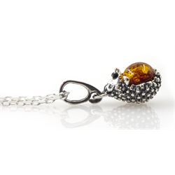 Silver Baltic amber hedgehog pendant necklace, stamped 925 