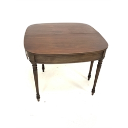 19th century mahogany bow front fold over tea table, the top with reeded edge over plain frieze and raised on reeded supports, W90cm