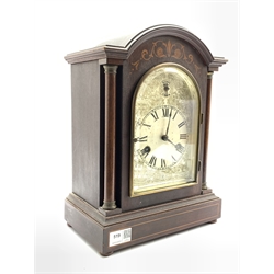 20th century dome top mantel clock, the case with floral and string inlay, silvered dial with Roman chapter ring, Westminster chiming movement, W26cm