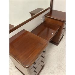 Victorian mahogany twin pedestal dressing table, one adjustable mirror, fitted with one long and eight short drawers, raised on a plinth base with recessed castors 