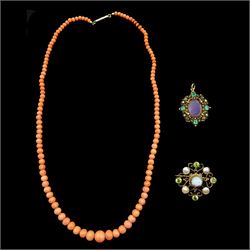 Edwardian rose gold peridot, opal and split pearl brooch, graduating pale pink coral necklace with gold clasp and a stone set gilt pendant