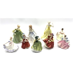 Six small Royal Doulton figures: Buttercup, Christmas Morn, Sara, Rebecca, Top o' the Hill and Ninette and three other Doulton figures
