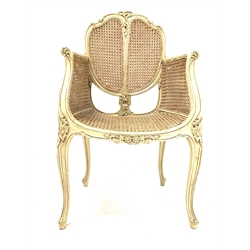  French style cream painted double bergere chair with silk cushions, raised on slender and scrolled cabriole supports, W54cm  