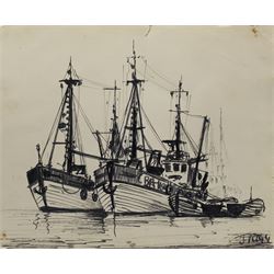 Jack Rigg (British 1927-): Trawlers at Anchor, felt pen signed 50cm x 60cm (unframed), together with signed copy of 'A Brush with Shipping' by Jack Rigg (2)