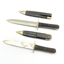  Two hunting knives, the larger stamped 'Hunters Companion' 'J Ruddiman Edinburgh', blade L19cm, total L32cm, the other stamped 'Brookes & Crookes Sheffield', blade L17cm, total L28cm (2)  