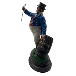 Vintage painted spelter Mortegg advertising figure, modelled as John Bull standing by a barrel of Mortegg insecticide, on oval ebonised base, H35cm 