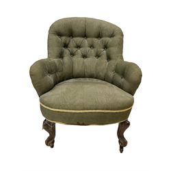 Victorian tub chair in buttoned back green fabric, raised on cabriole supports, terminating in plastic castors 