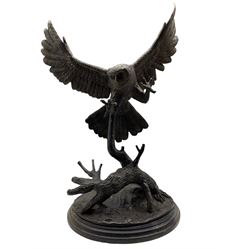 After Jules Moigniez (1835-1894) Large bronze sculpture of an Owl with talons outstretched, raised on circular plinth, signed to base, H86cm x W59cm