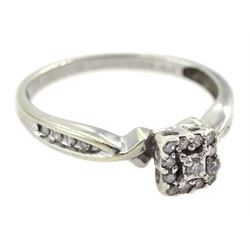 9ct white gold diamond cluster ring, with diamond set shoulders, stamped 375