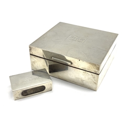 Engine turned square silver cigarette box engraved with initials and date 1952 and a silver match box holder 