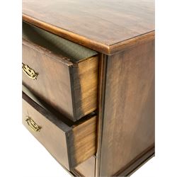 19th century figured walnut bow-fronted chest, the top with book-matched veneers, fitted with three long drawers, on bracket feet