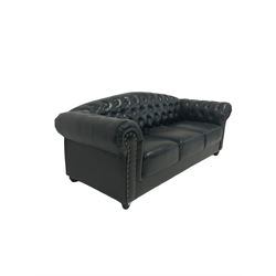 Chesterfield style three seat club sofa, upholstered in buttoned black fabric with stud work