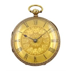 19th century 18ct gold open face key wound lever ladies pocket watch, No. 22514, gilt dial with Roman numerals and subsidiary seconds dial, back case engraved floral decoration, hallmarked