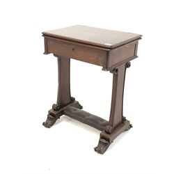 Early to mid 19th century mahogany table, fold over revolving top over frieze drawer, scrolled panel end supports, raised on platform base united by leather upholstered stretcher, with scrolled feet, W53cm, H71cm, D39cm