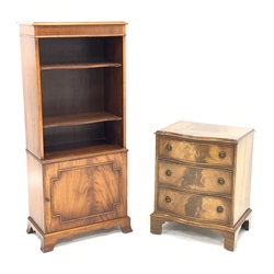 Reproduction mahogany Georgian style small serpentine chest fitted with three drawers on bracket feet (W53cm, H67cm, D42cm), and a mahogany bookcase fitted with two adjustable shelves and cupboard (W57cm, H132cm, D32cm)