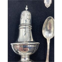 Set of six Russian silver tea spoons engraved with a monogram, silver vase shape pepperette Chester 1907, another Chester 1920, silver backed brush and hand mirror and one other brush