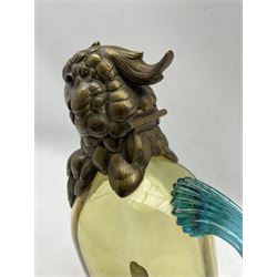Novelty glass claret jug in the form of a parakeet with glass body and handle with gilt hinged head and feet H32cm