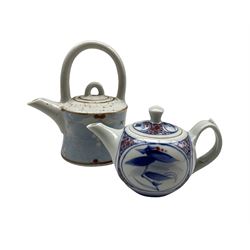 Tim Andrews (British 1960-): Small speckle glazed teapot, impressed marks and another teapot by Derek Emms (British 1929-2004) impressed marks (2)