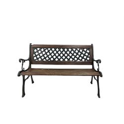 Iron framed garden bench, the iron lattice back over a five plank seat W127cm