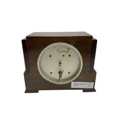 English walnut cased 8-day mantle clock with a square chrome bezel , silvered dial and Arabic numerals, spring driven movement wound and set from the rear.