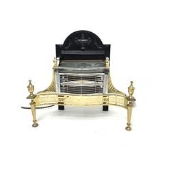 Classical style style electric fireplace, serpentine front with turned supports and finials, the back plate decorated with urn, W70cm