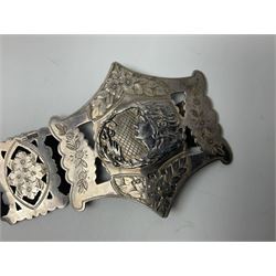 Art Nouveau silver belt, with two buckles, each depicting maiden in profile and twelve engraved floral openwork panels, hallmarked Arthur Johnson Smith, Chester 1907, L60cm