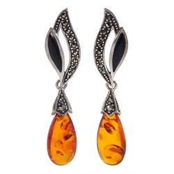 Pair of amber, black onyx and marcasite pendant stud earrings, stamped 925